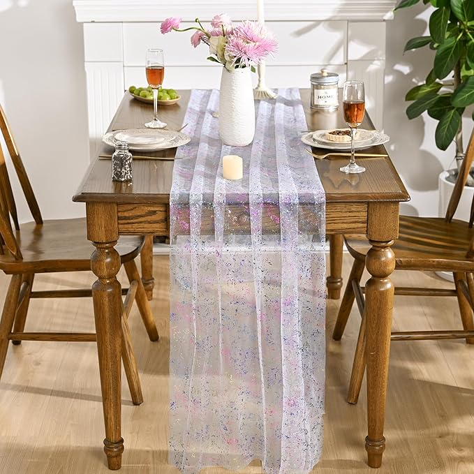 Artoid Mode 3PCS Colorful Gold Gauze Table Runner 120 Inch 10FT, Glitter Metallic Foil Sheer Dining Wedding Anniversary Holiday Birthday Table Decor for Home Party