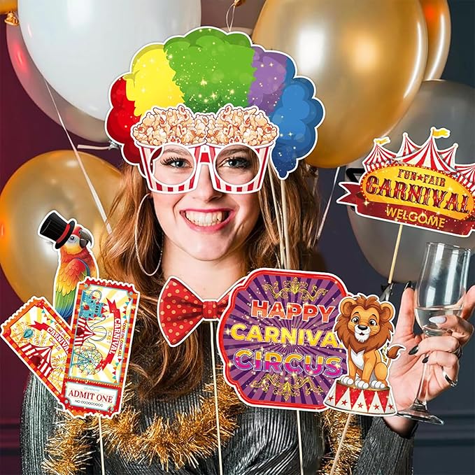 30 Pieces Carnival Photo Booth Props Funny Circus Carnival Photobooth Props Carnival Theme Party Decorations for Birthday Christmas New Year School Party