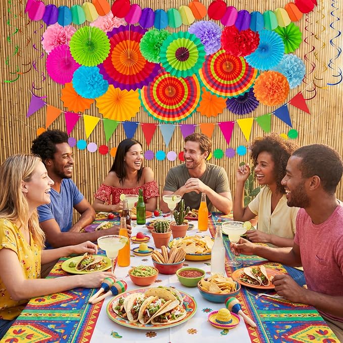 35PCS Fiesta Paper Fan Party Decorations Set - Cinco De Mayo Pom Poms,Pre-assembled Pennant,Garland String,Banner,Hanging Swirls Hispanic Heritage Month Decor Supplies,Multicolored