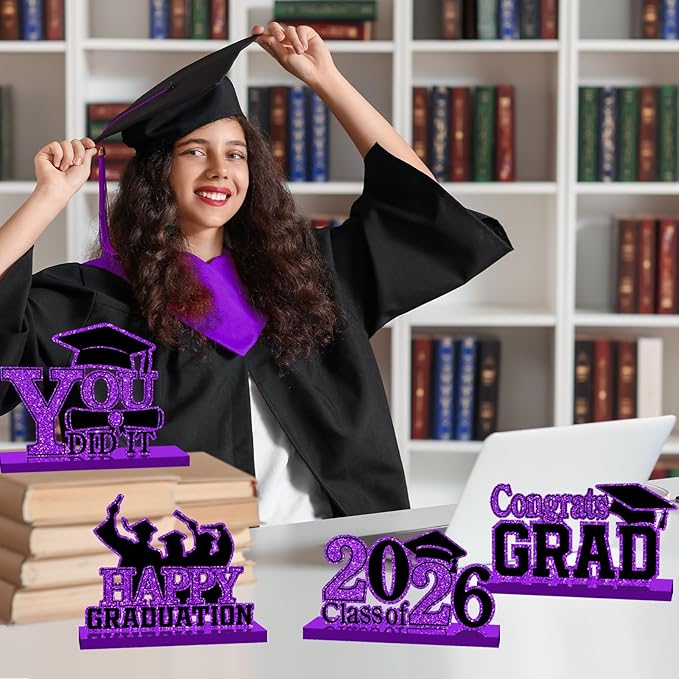 4Pcs Graduation Decorations Class of 2026 Wood Table Centerpieces Congrats Grad Wooden Sign Graduation Table Toppers Congratulate Tiered Tray Decor for 2026 Graduation Party (Purple-Black)