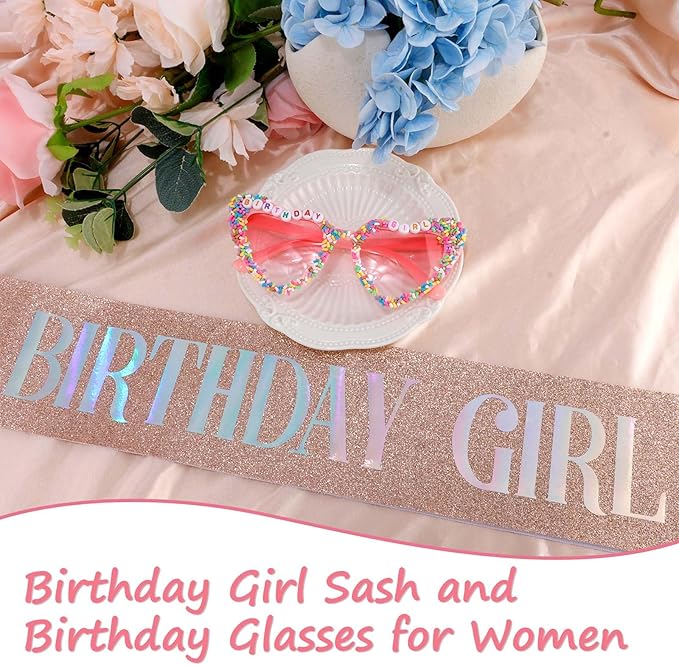 Birthday Girl Sash, Birthday Sash for Girls and Women with Birthdays Glasses Glitter Pink Birth day Decorations for Women Happy Birth day Sash for Birthday Party Supplies