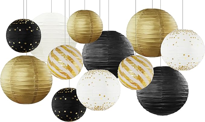 Black and Gold Hanging Paper Lanterns Decorations Graduation 2026 12pcs Paper Lanterns Decorative for Great Gatsby Theme Birthday Retirement Party Decorations