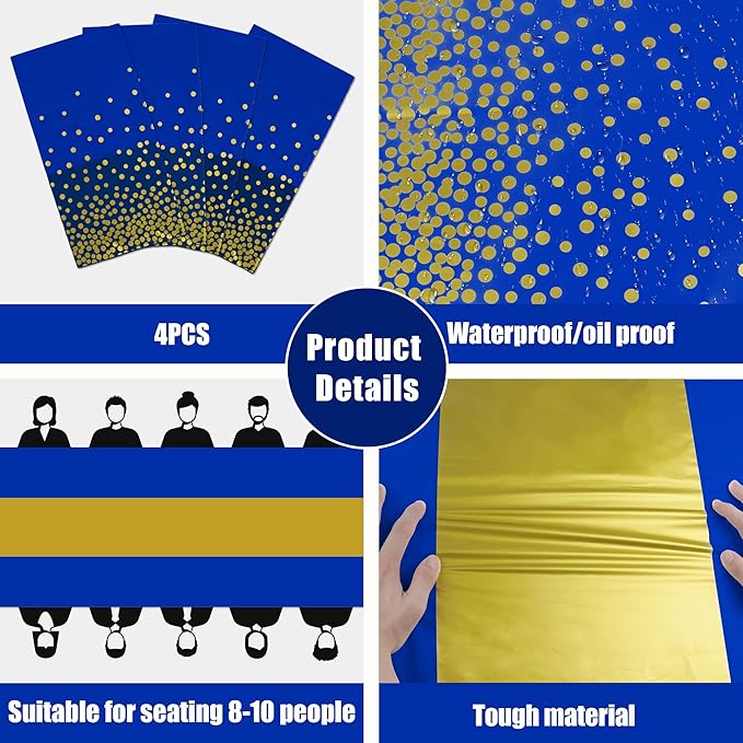 OHOME 4 Pack Disposable Plastic Table Cloths for Parties,Royal Blue and Gold Rectangle Table Covers for Graduation Wedding Birthday Fathers Day Decorations | Christmas Decorations 54" x 108"