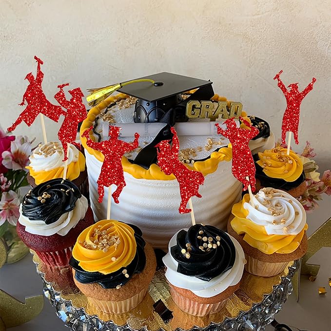 Gyufise 24Pcs 2026 Graduation Cupcake Toppers Red Glitter Class of 2026 Boys Girls Graduation Cap Cupcake Picks for 2026 Graduation Theme Party Cake Decorations Supplies