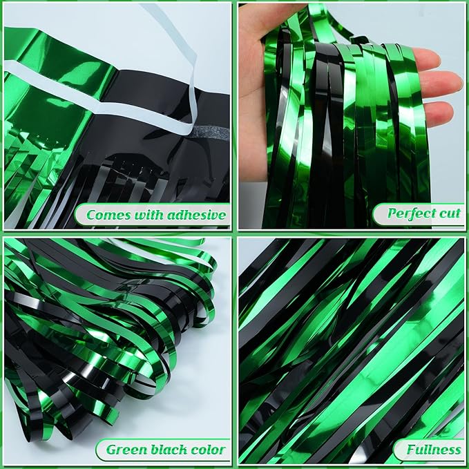 6Pack 3.3Ft x 6.6Ft Graduation Foil Fringe Curtain Backdrop Decorations, Green Black Metallic Tinsel Foil Streamers Curtain Photo Booth Background for Graduation Prom Wedding Birthday Party Decoration