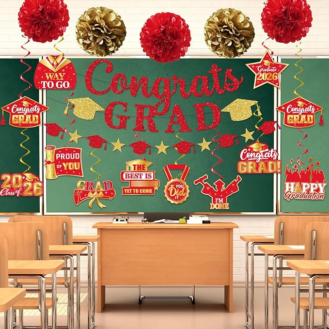 Red Graduation Decorations, Glitter Congrats Grad Banner Hanging Swirls and Tissue Pom Poms, Red and Gold Graduation Decorations for Class of 2026 College Graduations Party Decorations