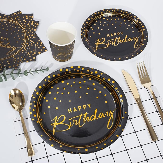 175PCS Happy Birthday Disposable Dinnerware Set Party Supplies, Paper Black Gold Plates and Napkins with Gold Plastic Forks Knives Spoons Serve 25 Guests for Birthday Party Decoration