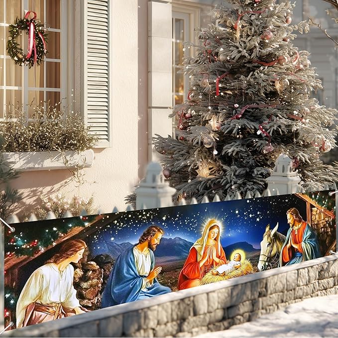 Nativity Scene Banner 79x18 Inches Christmas Fence Banner Holy Night Yard Display Jesus Birth Manger Scene Backdrop Christian Outdoor Decorations Holiday Sign
