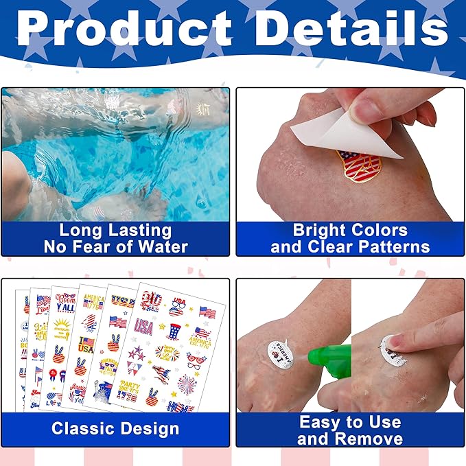 64 PCS 4 Sheets 4th of July Temporary Tattoo Set, Patriotic Party Face Body Decorations, American Flag Independence Long Lasting Tattoo Stickers for Kids Adults, Red White and Blue Accessories