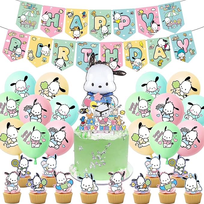 Pochacco Birthday Party Decorations, Kawaii Cartoon Party Supplies with Banner, Cupcake Cake Toppers and Foil Balloons Party Favors for Fans Birthday Background Decorations