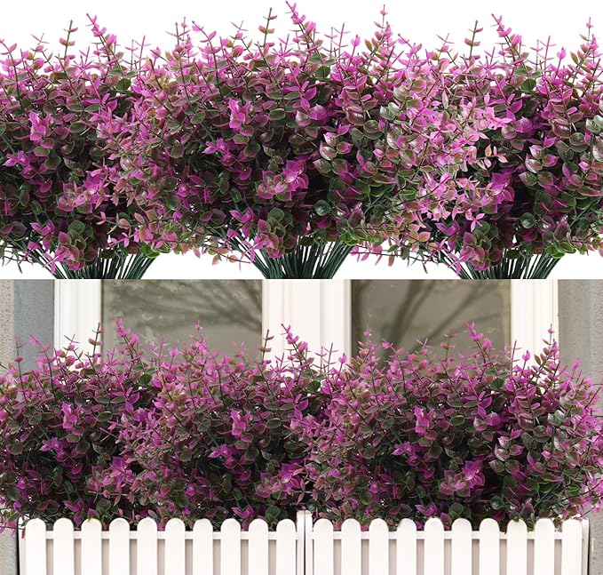 RECUTMS 12 Bundles Artificial Flowers Outdoor Faux Plastic Plants Artificial Eucalyptus UV Resistant Fake Plants Greenery Stems for Outside Spring Garden Porch Wedding Party Fireplace Décor(Fuchsia)
