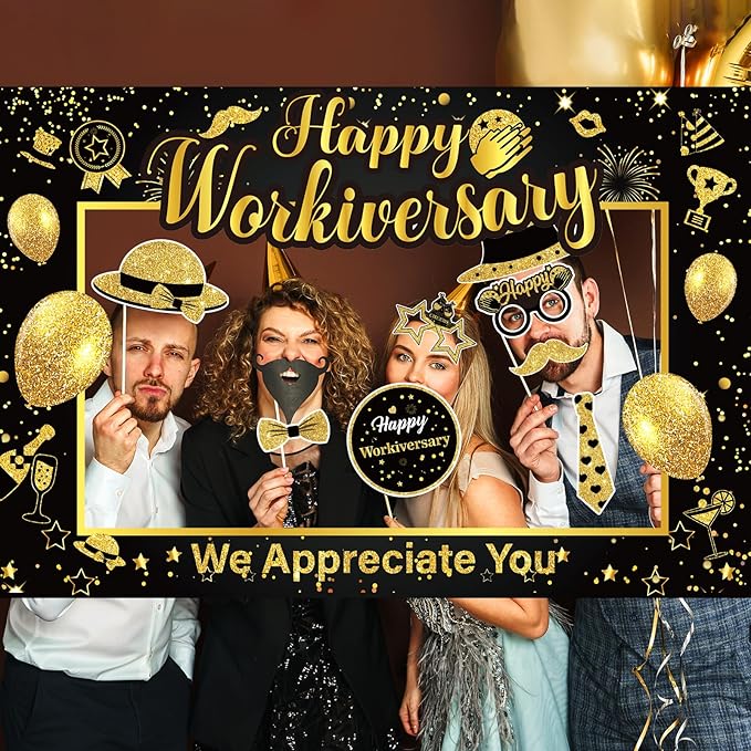 We Appreciate You Thank You Decorations Happy Work Anniversary Decorations Black Gold Selfie Photo Frame & 25pcs Photo Booth Props for Employee Staff Teacher Doctor Graduation Party Decor Supplies