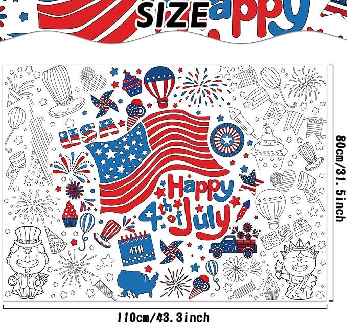 ZOIIWA 4th of July Coloring Poster Giant Coloring Poster Large American Independence Day Coloring Tablecloth Jumbo Coloring Books Classroom Home Birthday Party Supplies Favor 31.4 x 43.3 in
