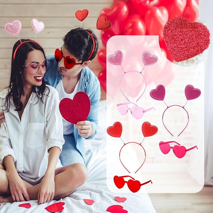 18 Pack Valentine's Day Glitter Heart Headband and Heart Shaped Sunglasses for Valentine's Day Wedding Party Supplies