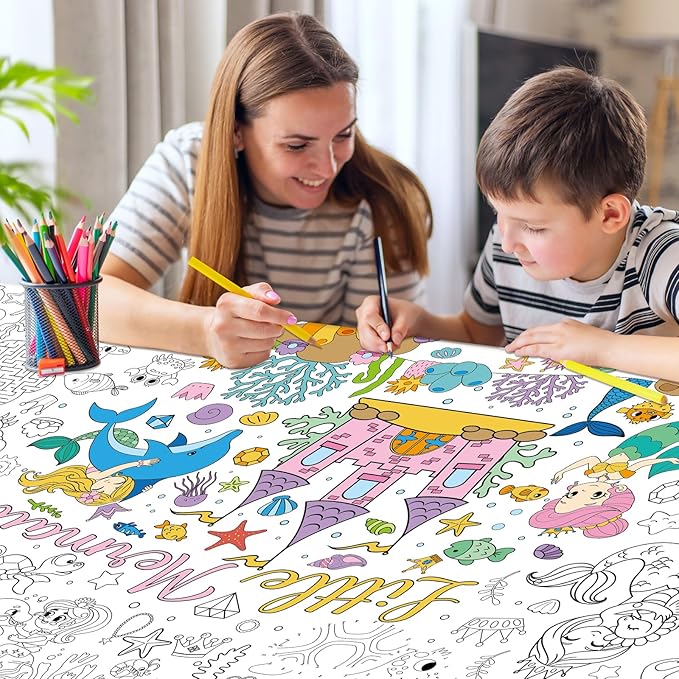 Mermaid Giant Coloring Poster for Kids 30 x 72 Inch, Large Coloring Poster Sheets Tablecloth, Mermaid Themed Color-in Activities Games for Kids School Classroom Home Party Supplies Decorations