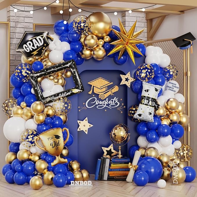 135Pcs Royal Blue Gold White Graduation Balloon Garland Arch Kit,with Explosion Star,Diploma,Trophy,Grad Hat,Photo Frame Foil Balloon for Class of 2025 Graduates Celebration Party Decoration
