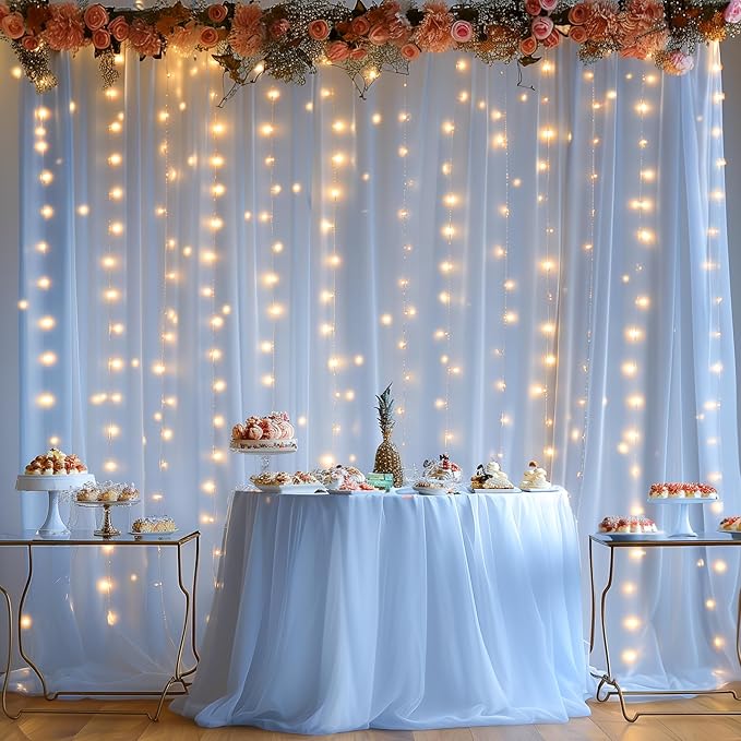 10x8ft Baby Blue Tulle Backdrop Curtain with Lights String for Parites, Sheer Photo Backdrop Curtains for Wedding Baby Shower Baby Boy Shower Birthday Party Photo Shoot Background Decorations