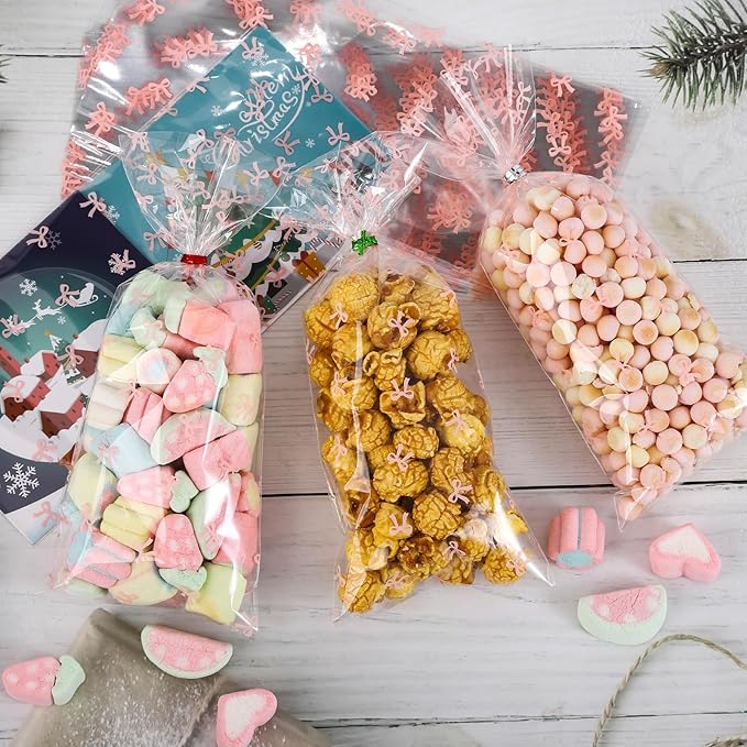 Docvania Cello Cellophane Treat Gift Bags Pink bow Cookie Bags 100 pcs 4 X 9 Goodie Bag with Ties for Mother's Day, Valentine's Day and Parties, Weddings