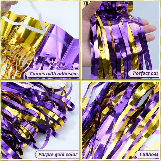 6Pack 3.3Ft x 6.6Ft Graduation Foil Fringe Curtain Backdrop Decorations, Purple Gold Metallic Tinsel Foil Streamers Curtain Photo Booth Background for Graduation Prom Wedding Birthday Party Decoration