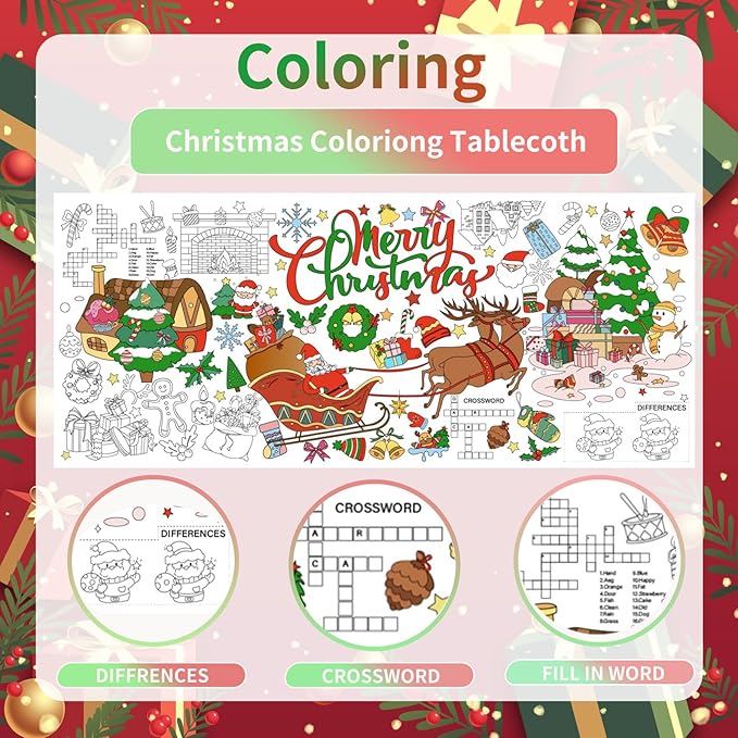 Christmas 30 x 72 Inches Jumbo Paper Coloring Tablecover, Giant Coloring Poster/Tablecloth, Classroom Activities Banner Christmas Party Decorations Crafts for Kids