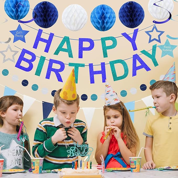 Birthday Decorations Pre-Strung Happy Birthday Banner for Boys Girls Blue Birthday Banners with Pennant Honeycomb Balls Cake Topper Stars Hanging Swirl Streamers Circle Dots Garland