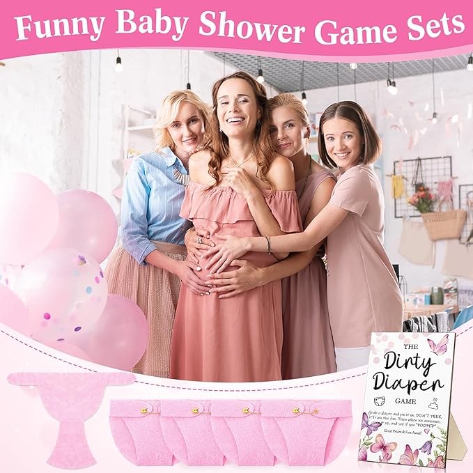 Roowest 51 Pcs Dirty Diaper Baby Shower Games Funny Wooden Sign with 50 Pcs Mini Diapers Cute Felt for Gender Reveal Party Baby Shower(Pink Butterfly)