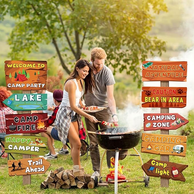 Hooqict 20 Pieces Camping Themed Party Decorations Camping Party Directional Signs for Summer Camp Decor Welcome to Camp Birthday Party Supplies Classroom Wall Door Porch Yard Sign