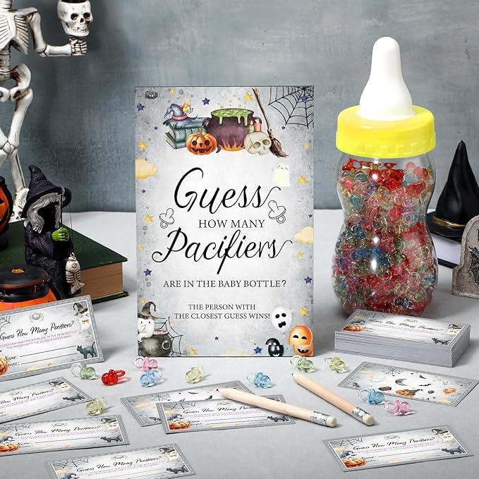 Syhood Halloween Boo Baby Shower Games Guess How Many Pacifiers Game Sign 50 Small Guessing Games 20 HB Pencils 750 ml Milk Bottle 400 Acrylic Pacifiers Decorations Guests Gender Reveal Party