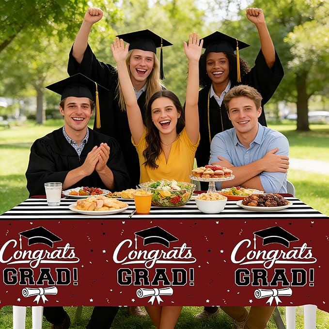 7-Pack Graduation Party Decorations Set, 3 Maroon Graduation Tablecloths 54 x 108 in, 2026 and Grad Balloons, 2 Foil Fringe Curtains for High School College Graduation Party Photo Booth