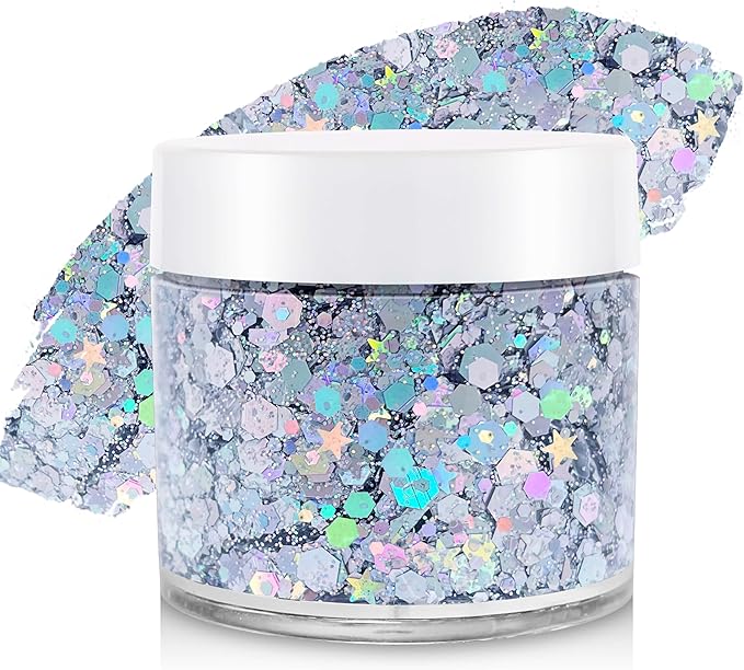 Silver Face Hair Glitter,Cheer Holographic Silver Body Glitter,Rave Music Festival Singer Concert Accessories,Mardi Gras Outfit for Women,Halloween Cosplay Shimmer Makeup