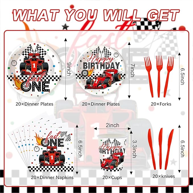 120 Pcs Fast One Birthday Decorations Race Car 1st Birthday Plates and Napkins Tableware Sets Racing Car First Party Decorations for Kids Boys 1 Years Old Party Supplies Serves 20