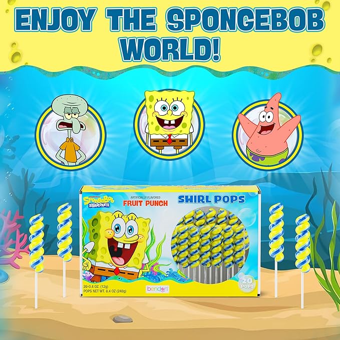 Spongebob Lollipops Swirl 20pk- Spongebob Candy For Spongebob Party Favors & Spongebob Birthday Decorations - Sponge Bob Candy For Spongebob Party Supplies & Sponge Bob Party Decorations