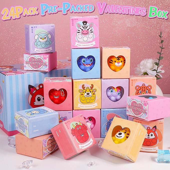 Valentines Day Gifts for Kids, 24 PCS Prefiled Valentines Box with 3D Animal Pop Suction Toys, Valentines Party Favors for Class, School Classroom Valentines Gifts for Boys Girls Toddlers