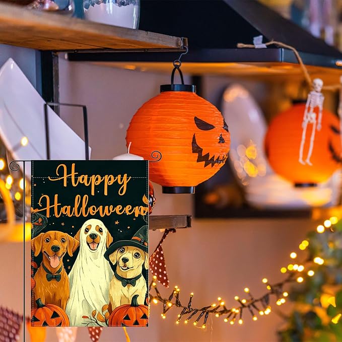 Fall Garden Flag for Outside, Happy Halloween Pumpkin Dog Garden Flags - 12x18 Inch Double Sided, Halloween Fall Decorations Outdoor, Burlap Halloweens Gardens Flag Decor for Outside Home, Falls Flags