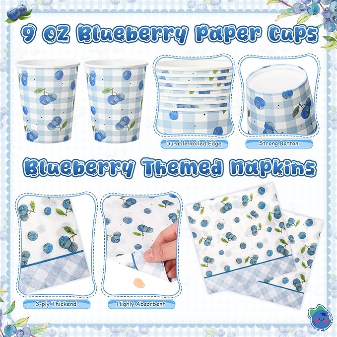 Honeydak 210 Pcs Blueberry Party Supplies for 30 Guests, Includes Plates, Cups, Napkins, Cutlery - Blueberry Checked Birthday Tableware Decorations for 1st Birthday, Summer Fruit Party