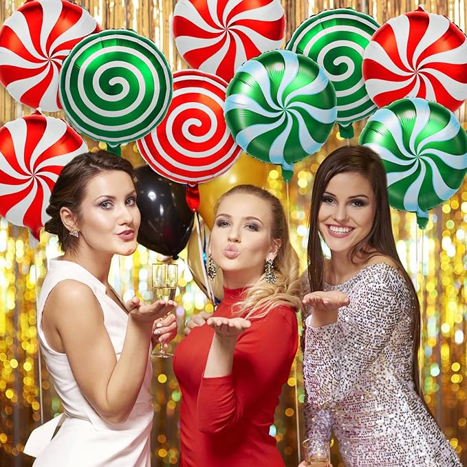 36Pcs Christmas Balloons Kit, Cane Candy Foil Balloons with Ribbons, Red Green Mylar Balloon for Party Decorations