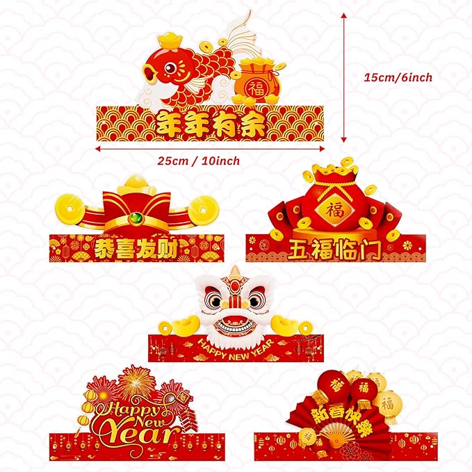 YVAINE 24pcs Chinese New Year Photo Props Party Supplies, 2026 Lunar New Year Crown Hats and Paper Eyeglasses for Year of The Horse 2026 Spring Festival Party Supplies