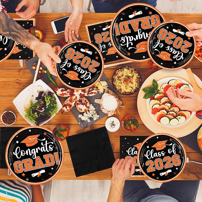 Graduation Plates and Napkins 2026,Orange Graduation Decorations 2026,200pcs Orange and Black Plates and Napkins Graduation Party Supplies for Graduation Party Decorations,Serve 50