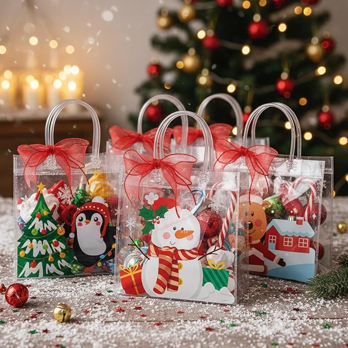 Henoyso Christmas Clear Gift Bags Plastic Candy Treat Goodie Bags Red Foil Santa PVC Wrap Totes with Handles and Ribbon Xmas Party Favors (Santa and Snowman,7.8 x 7.8 x 3.1 Inch,24 Pcs)