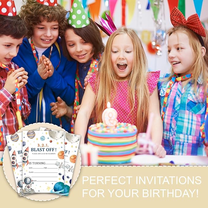 Space Birthday Party Invitations, Astronaut Outer Space Theme Invitation Cards with Envelopes, Fits for Boys Girls Teen, 20 Count Double Sided Printed & Fill In Blank-4 x 6, Party Supplies