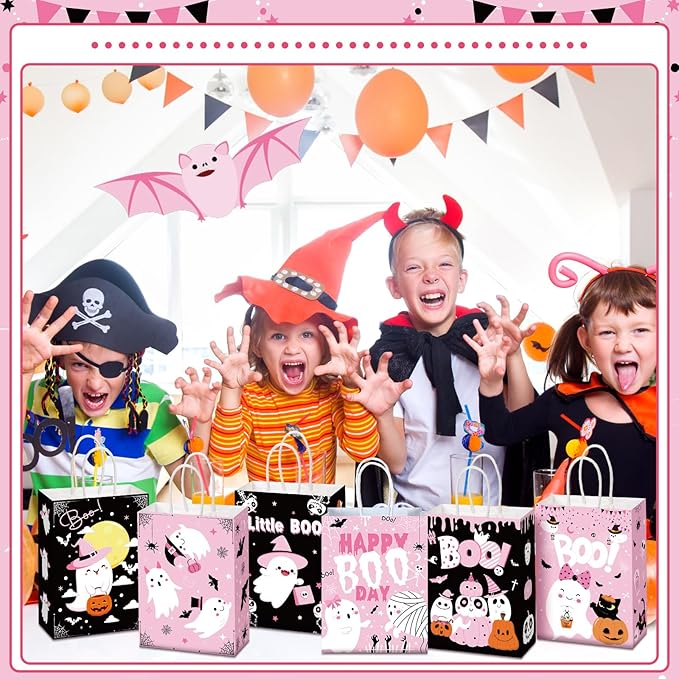 24 Pcs Halloween Party Favors Bags with Handle Trick or Treat Gift Bags Boo Gift Ghost Black and Pink Pumpkin Candy Halloween Goodies Present for Wrapping Birthday Party