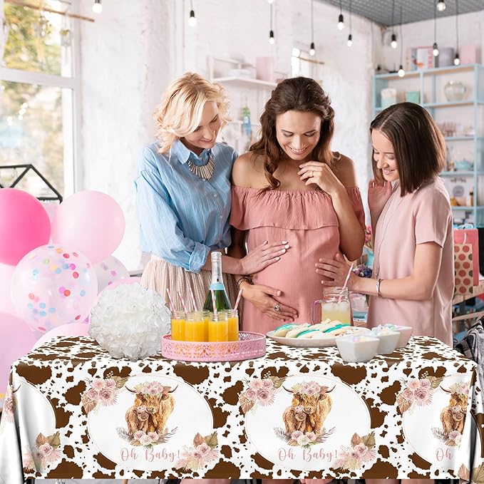HAKOTI 3Pack Holy Cow Tablecloth,Cow Baby Shower Decorations Brown Cow Print Rectangular Plastic Table Cover for Birthday Party Supplies,Farm Animal Themed Party Decorations