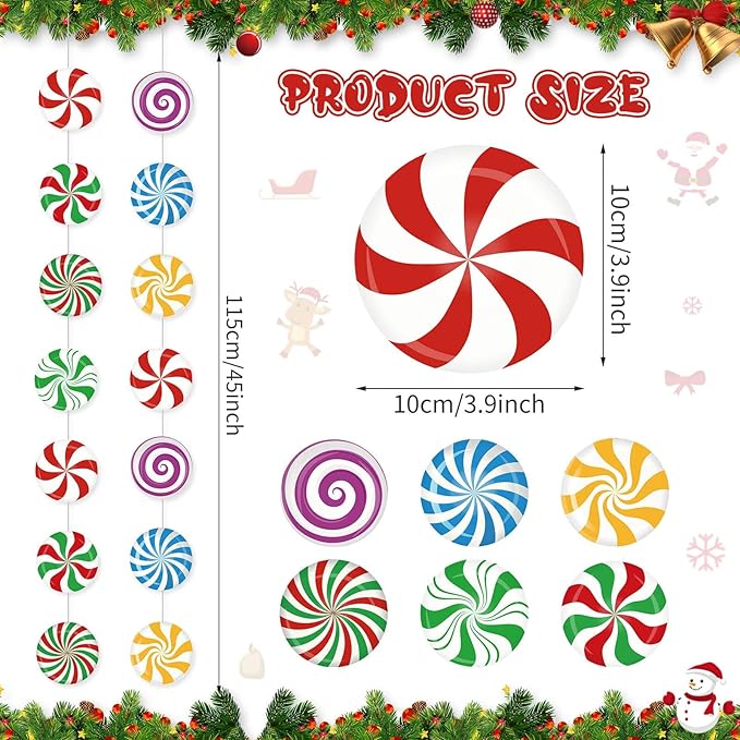 Faccito 8 Pcs Christmas Peppermint Candy Hanging Decorations Christmas Ceiling Decorations Paper Garland for Xmas Party Winter Holiday Birthday Decor(Mixed Candy)