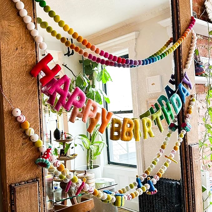 Pre-Strung Happy Birthday Banner, Colorful Felt Ball Garland, Felt Party Hats, Birthday Candles, Personalized Banner Sign for Holiday Decor Birthday Party Decoration