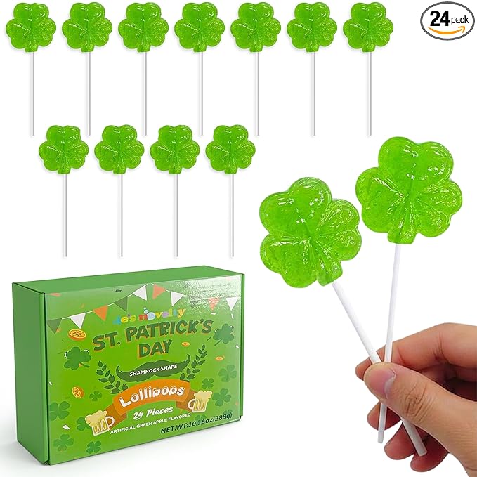 4E's Novelty 24 Pack St. Patrick's Day Shamrock Lollipops, Green Apple Flavor Individually Wrapped Shamrock Shape Candies, St Patricks Suckers Party Favors Goodie Bag Fillers, Fun St Patty's Day Office Classroom Candy