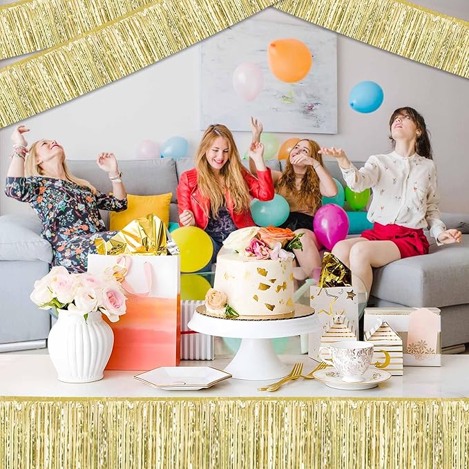 3 Pack 10 Ft Light Gold Foil Fringe Garland Metallic Streamers Tinsel Banner Wall Hanging Garland Backdrop for Parade Floats, Halloween, Christmas, Thanksgiving, New Year Party Decorations