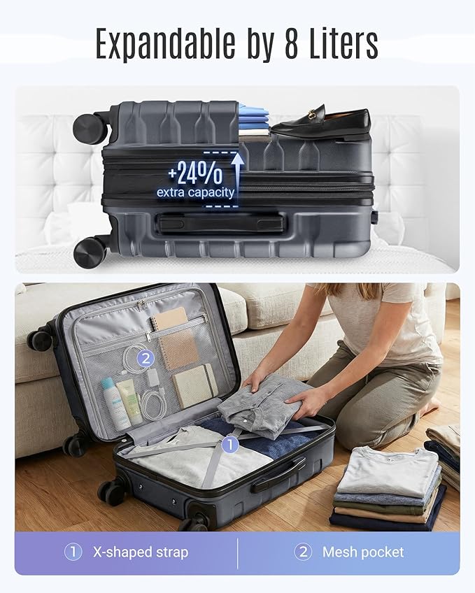 LIGHT FLIGHT Carry On Luggage 22x14x9 Airline Approved, Expandable Carry On Suitcases with Wheels, Lightweight Luggage, Durable Hard Shell 20 Inch Rolling Suit Case for Men Women Travel, Gray
