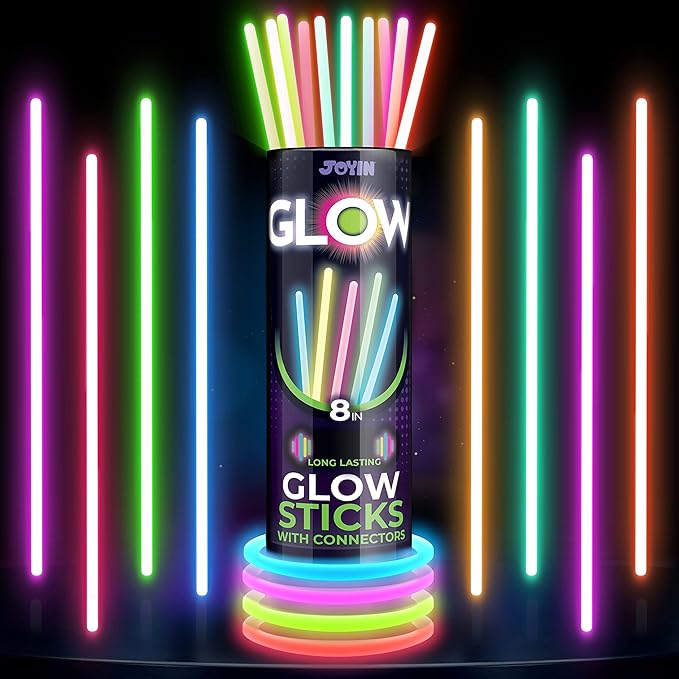 JOYIN 300 Pcs 8" Glow sticks Bulk Party Favors Pack, Neon Glow in the Dark Party Supplies, Light Up Necklaces and Bracelets with Connectors, Easter, Football, Birthday Decorations