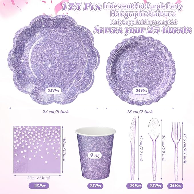 Hushee 175 Pcs Light Purple Holographic Print Party 25 Guests Disposable Dinnerware Set Include Paper Plates, Napkins, Paper Cups, Plastic Tableware for Birthday Party