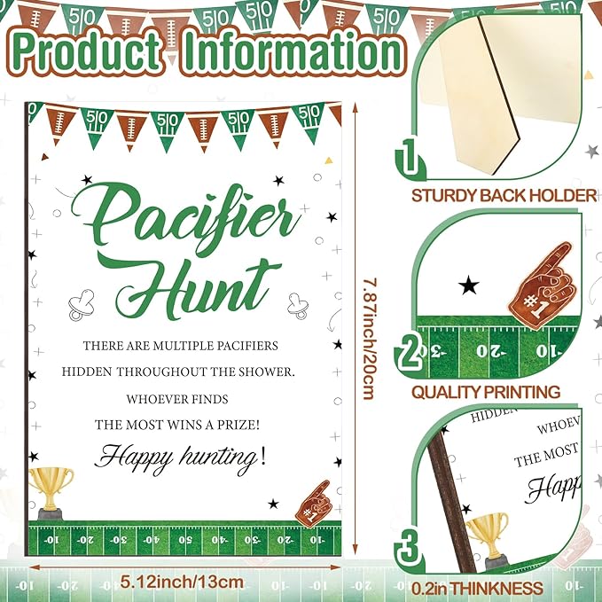Thyle 51 Pcs Football Pacifier Hunt Baby Shower Games Forest Animal Baby Shower Game Decoration Include Hunt Sign and Acrylic Pacifiers Touch Down It's a Boy Gift Sets for Gender Reveal Party Decor